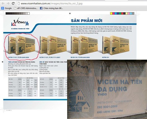 Trên tờ rơi quảng cáo về xi măng Hà Tiên đa dụng được đăng tải trên website công ty lại ghi sản phẩm phù hợp tiêu chuẩn Quốc gia TCVN 6269:2009 (?!). (Ảnh chụp lại màn hình).